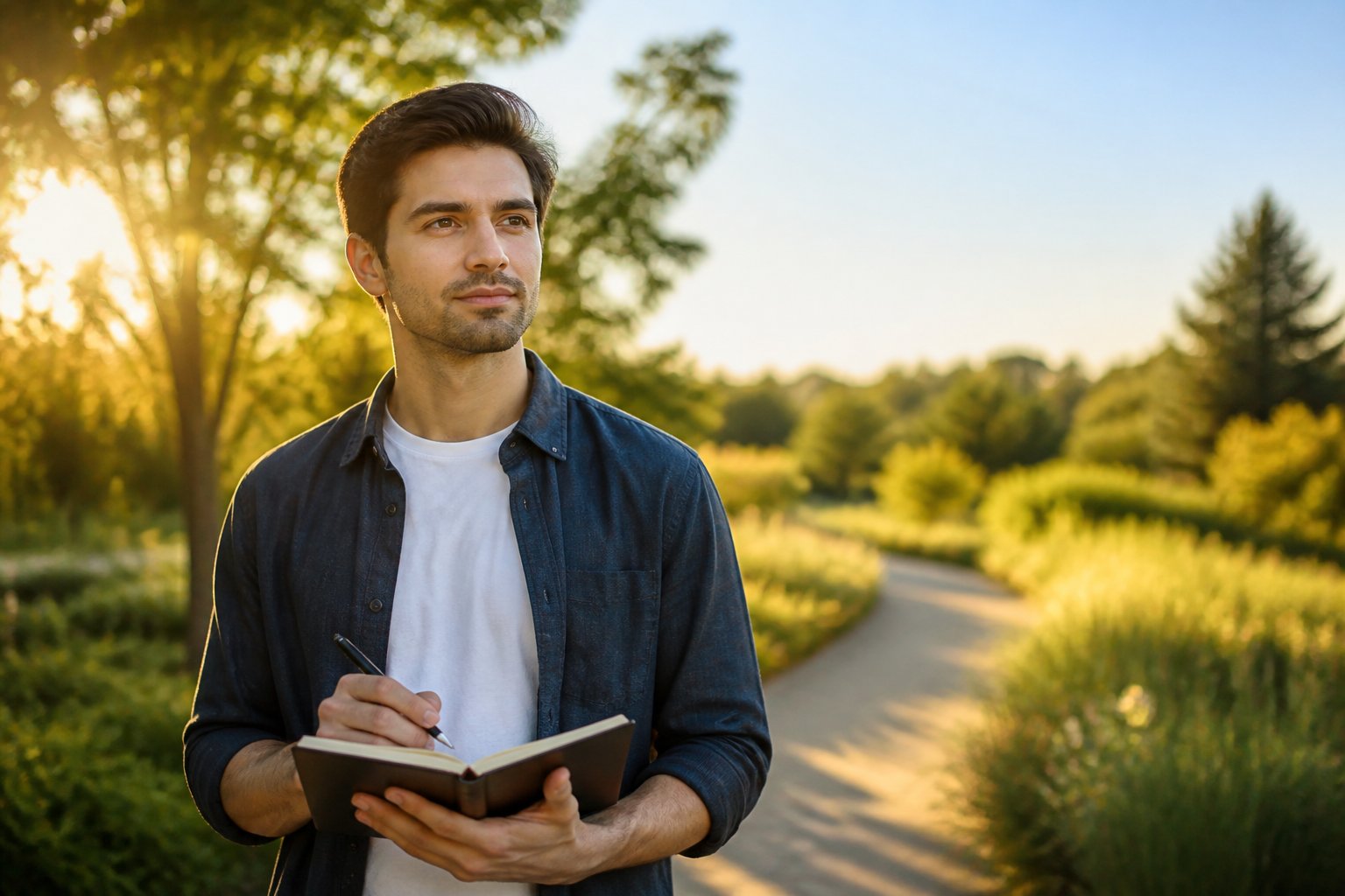 Pessoa jovem confiante em um parque ao ar livre segurando um caderno e uma caneta, cercada por árvores e luz suave do sol.