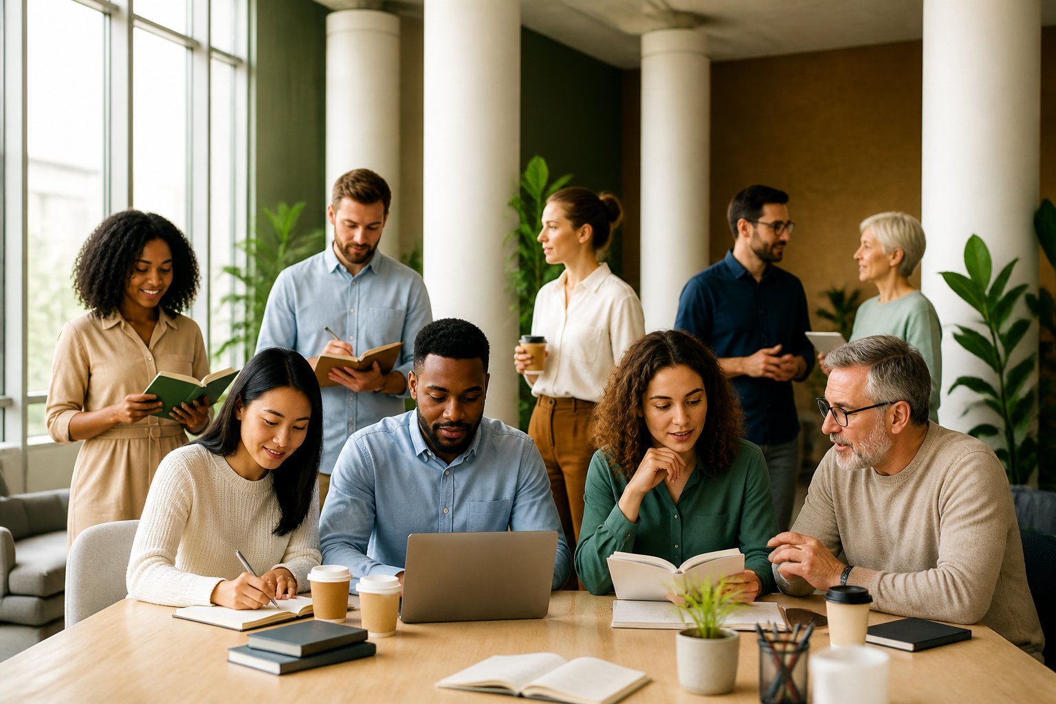 Grupo diversificado de adultos em ambiente de escritório moderno, envolvidos em atividades que representam crescimento e desenvolvimento pessoal.