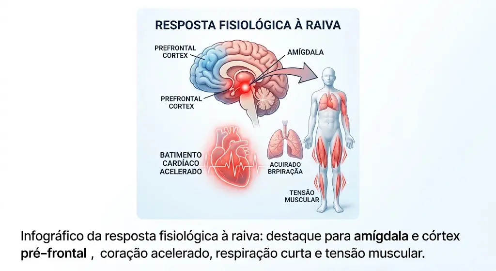 Infográfico das reações do cérebro e sintomas físicos durante a crise de raiva
