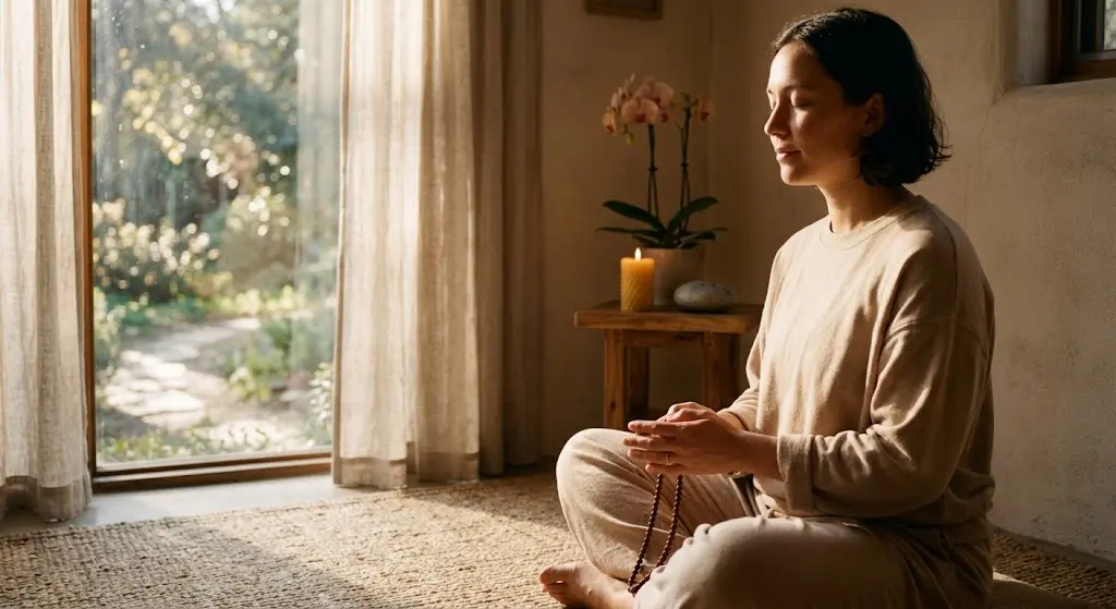 Mulher serena em momento de introspecção e paz interior, em ambiente acolhedor com luz suave e tons terrosos para imagem destacada.