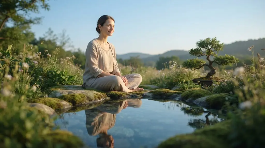 Mulher jovem e serena sentada em um ambiente natural e tranquilo ao amanhecer, refletindo sobre um espelho d'água simbolizando o autoconhecimento.