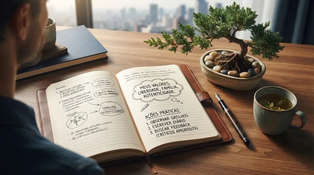 Vista superior de uma mesa de trabalho de madeira com um caderno de couro aberto contendo um mapa mental manuscrito detalhando os "8 Passos Práticos para o Autoconhecimento", ao lado de uma caneta tinteiro, um pequeno bonsai e uma xícara de chá. A imagem reflete o guia prático do post.
