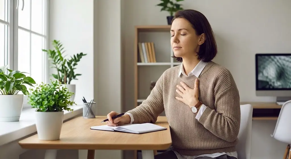 Mulher sentada à mesa em um ambiente claro, com os olhos fechados e a mão apoiada no peito fazendo uma pausa para respirar. Ela segura uma caneta sobre um caderno aberto. Ao fundo, janela com plantas e prateleiras.