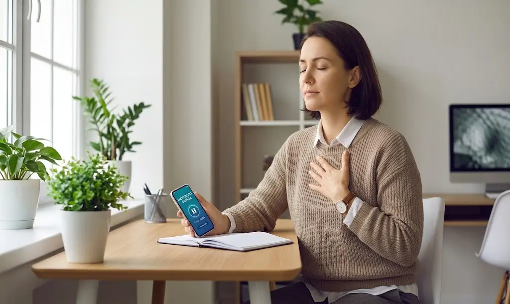 Mulher sentada à mesa em um ambiente claro, com os olhos fechados e a mão apoiada no peito fazendo uma pausa para respirar. Ela segura uma caneta sobre um caderno aberto. Ao fundo, janela com plantas e prateleiras.