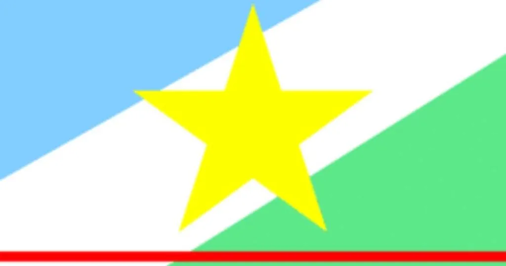 nesta imagem está a Bandeira Do Estado de Roraima de cores azul, amarelo, branco e uma listra vermelha na parte inferior
