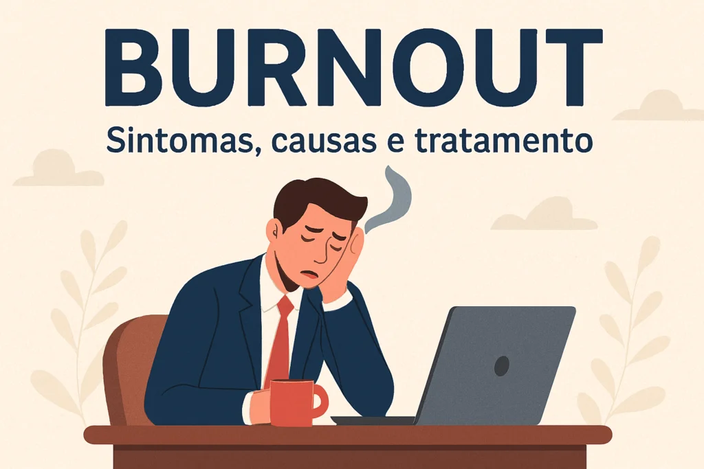Imagem destacada sobre burnout com profissional exausta em ambiente de trabalho, representando sintomas de esgotamento emocional