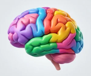 "Ilustração de cérebro colorido representando as 16 personalidades do teste MBTI e saúde mental."